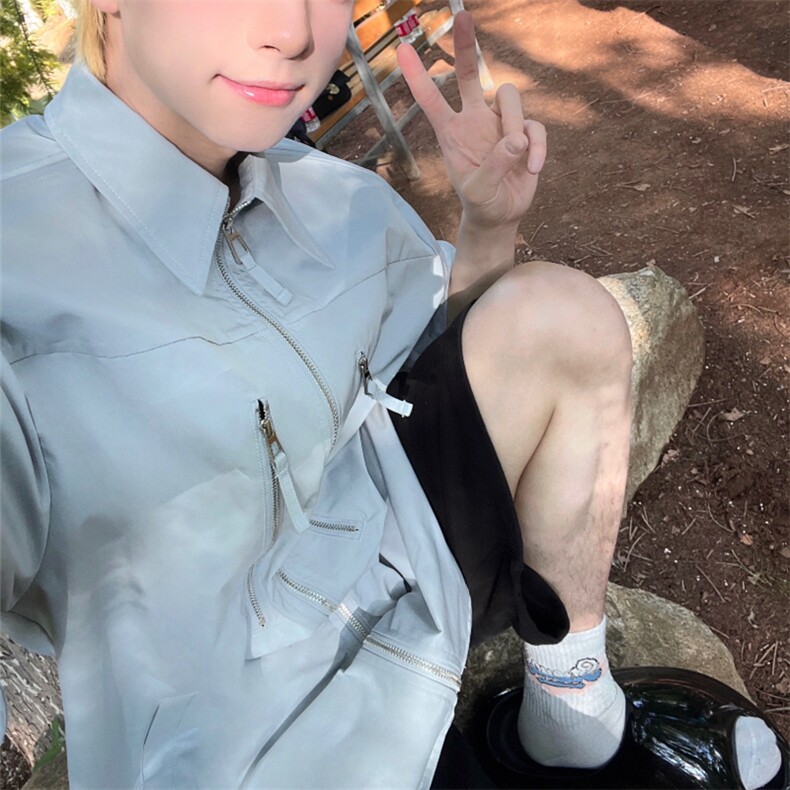 垫肩拉链短袖衬衫男夏季潮牌痞帅高级感衬衣CC1网络图,男装衬衫,星座1116A（原606A-3）