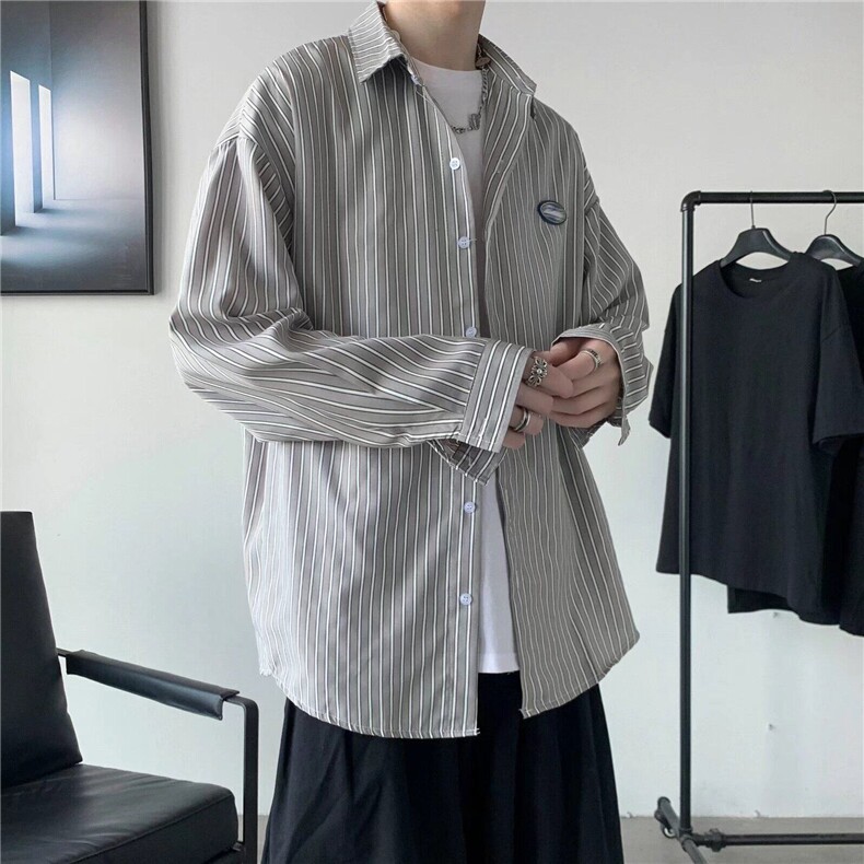 日系复古条纹衬衫男青少年时尚港风潮流宽松休闲痞帅翻领衬衣外套,男装衬衫,星座506A