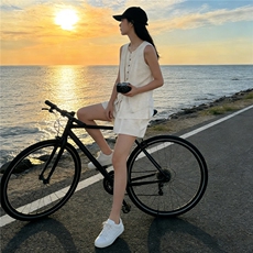 杏色设计感无袖马甲短裤套装女夏款韩版系带假两件上衣短裤两件套，女装套装/套裙，2C310