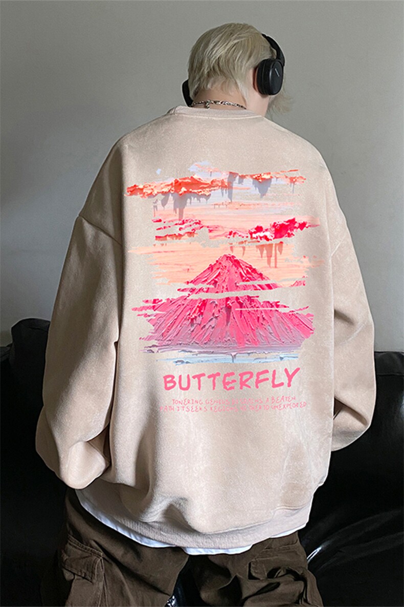 秋季新款麂皮绒潮流“富士山”印花圆领卫衣JK23350特批36-控59,男装卫衣,星座605(原A050)