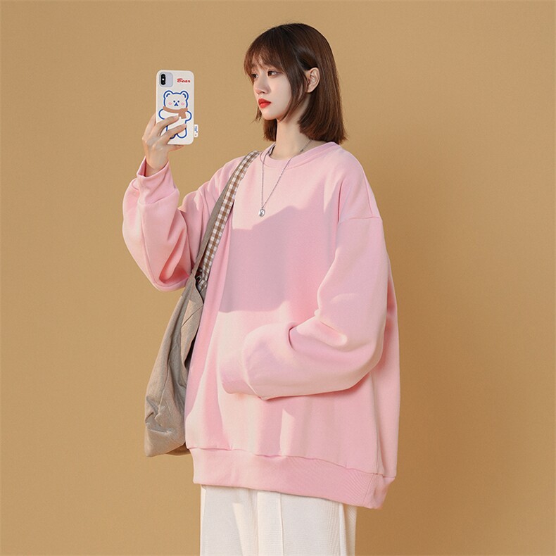 NQ545TP25 多色~ 春季2022情侣圆领上衣男女叠穿纯色宽松卫衣图片