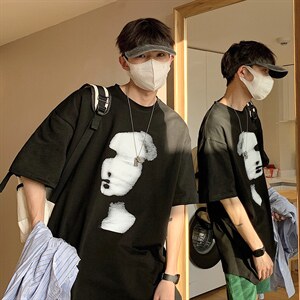 2024年新款男士宽松港风人脸抽象印花大码T恤 A071-5520-P28图片