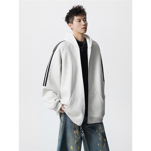 8XL-M秋冬美式运动三条杠条纹开衫卫衣连帽特大码宽松JK5206/P65