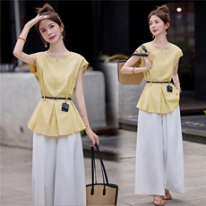 2025年夏季圆领简约上衣+白色阔腿裤两件套配腰带女，女装套装/套裙，微微衣阁
