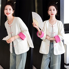 新中式国风西装外套女2024新款春款撞色小个子高级感唐装提花短款，女装短外套，冬木谷雨