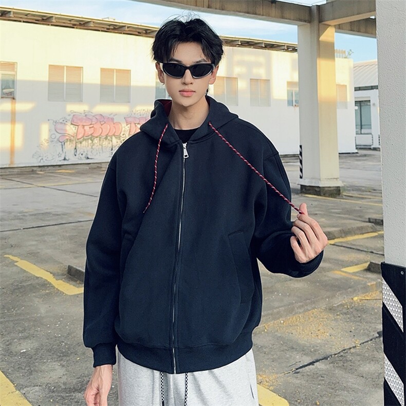 抖音得物二开美式高街重磅结构双层撞色连帽卫衣开衫外套W116，女装短外套，电商A486