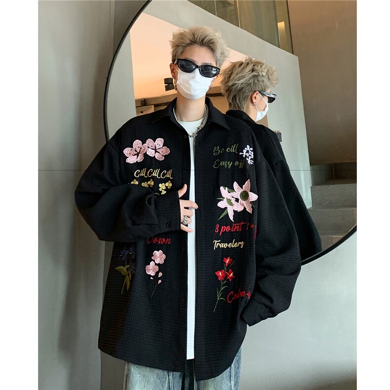 2024美式复古华夫格彩色花卉刺绣长袖衬衫情侣上衣男女H980P78,男装衬衫,电商A341