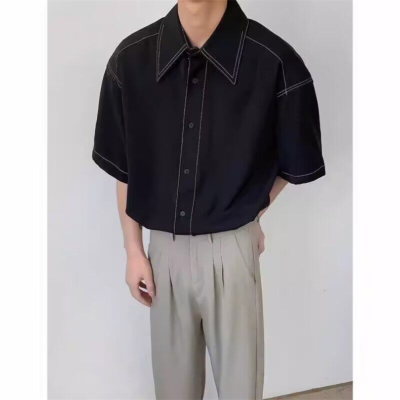短袖衬衫男夏季宽松休闲半袖美式潮流结构青少年黑色衬衣,男装T恤,星座715-4