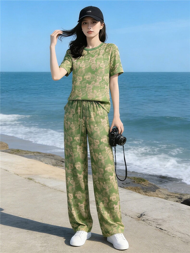 韩版时尚潮流套装女夏季新款个性简约圆领印花上衣阔腿长裤两件套,女装套装/套裙,江南