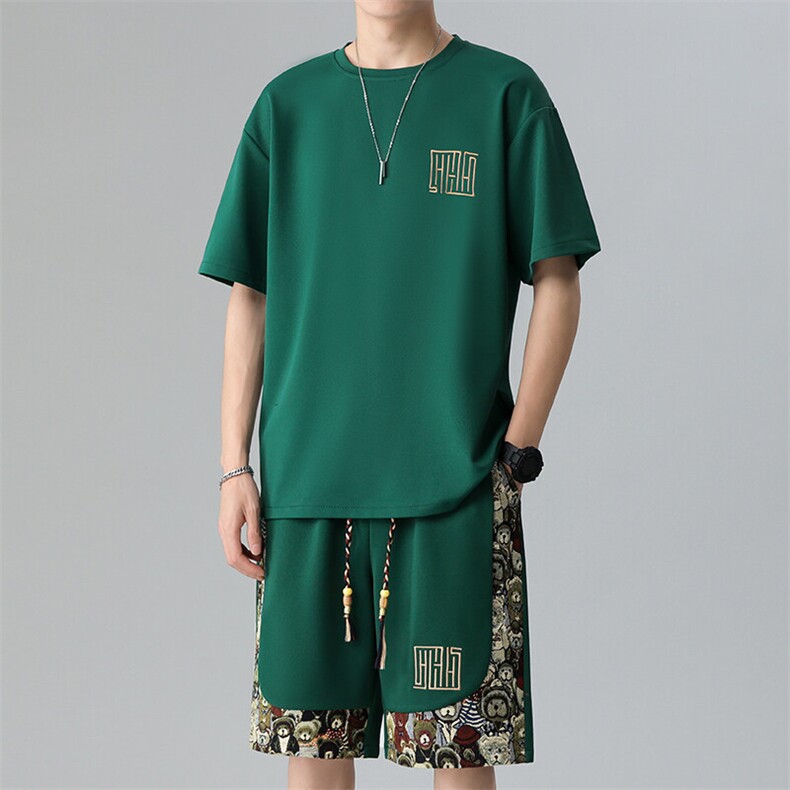 夏季菠萝格休闲运动套装男刺绣宽松T恤短裤一套A266-TZ7708-P48图片