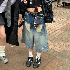 美式设计感复古破洞阔腿七分牛仔裤女夏季百搭宽松休闲直筒阔腿裤图片