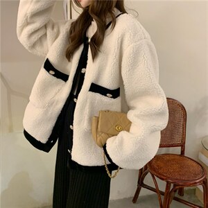 价仿羊羔毛外套女秋冬小香风宽松撞色气质长袖上衣潮图片