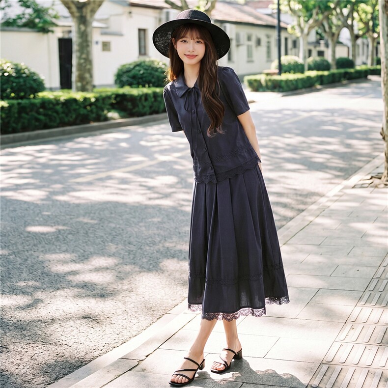 蕾丝拼接娃娃领系带上衣松紧腰半裙学院风套装女,女装套装/套裙,水衣源