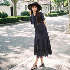 蕾丝拼接娃娃领系带上衣松紧腰半裙学院风套装女，女装套装/套裙，水衣源