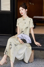 新中式印花垂感连衣裙女2026夏季新款修身气质贵夫人改良旗袍裙子，女装连衣裙，倪叶myz