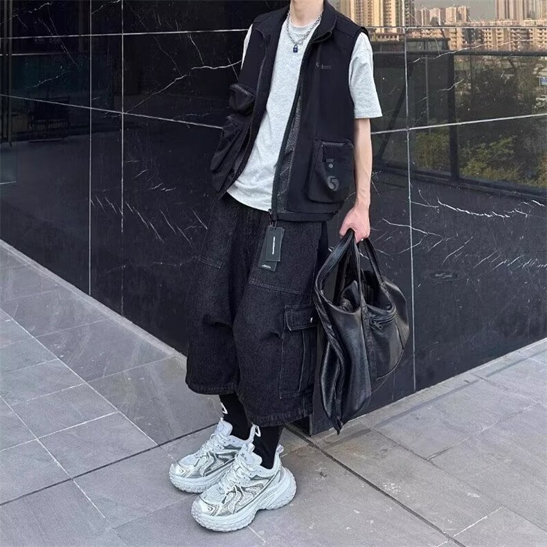 美式街头多口袋工装设计牛仔短裤男休闲cleanfit直筒阔腿七分中裤,男装牛仔裤,星座506A