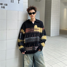 覆古chic撞色翻领针织衫男女秋冬宽松bf慵懒风休闲套头毛衣MY957，男装针织衫/毛衣，星座601-1