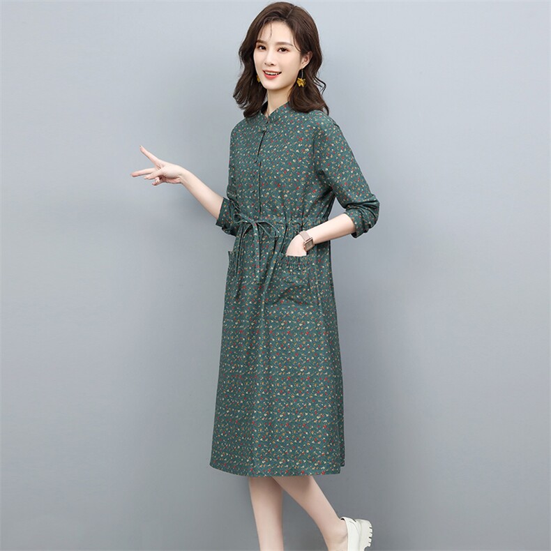 2022年春秋季新款纯棉碎花连衣裙女中长款韩版碎花a字裙子潮,女装连衣裙,忆绮罗