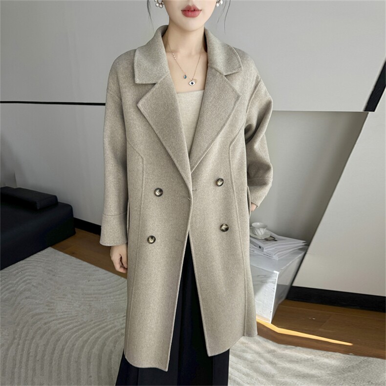 2025年秋季新款百搭女士POLO领系带中长款大衣，女装双面呢大衣，鹿展羊绒大衣