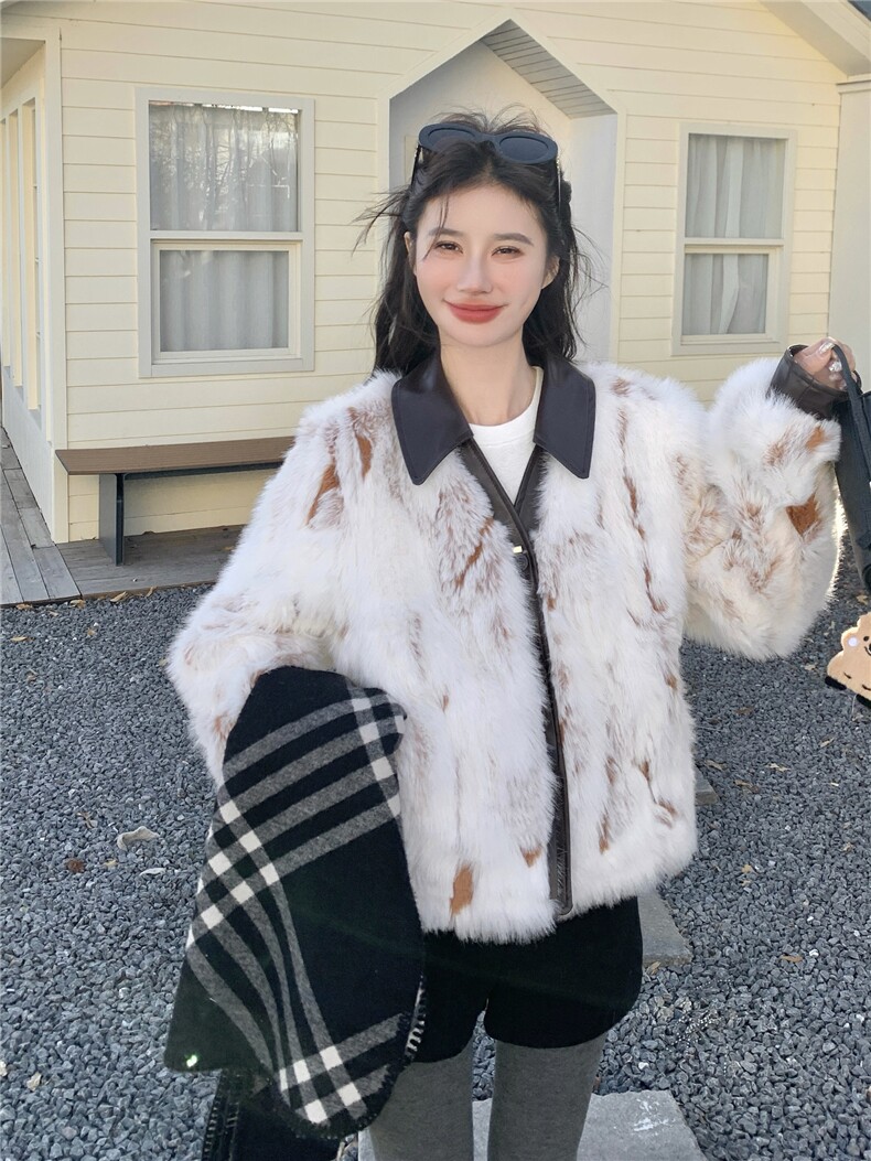 韩系设计感拼皮仿皮草女2025冬季新款小个子加厚保暖短款毛毛外套,女装短外套,艾米莉亚