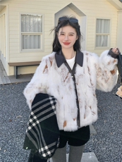 韩系设计感拼皮仿皮草女2025冬季新款小个子加厚保暖短款毛毛外套，女装短外套，艾米莉亚