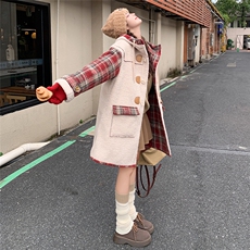 英格兰格子袖仿仿羊羔毛外套显瘦保暖中长款，女装毛呢外套，天使之佳话