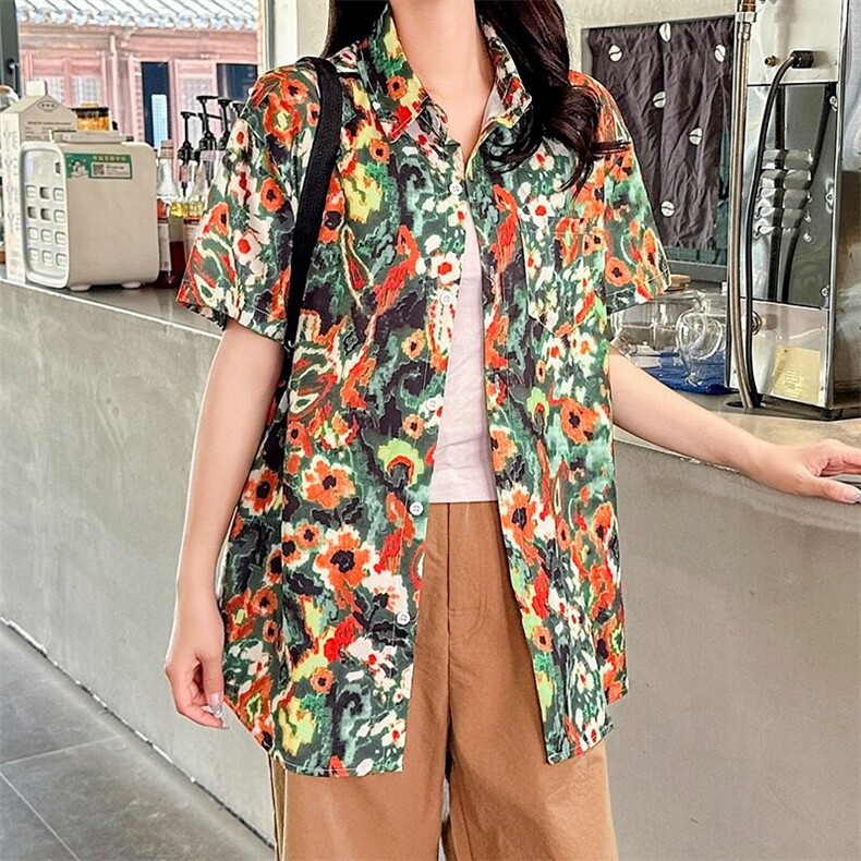 2025新款短袖花衬衫女日系复古港味风夏威夷夏季衬衣CS125/P30,女装衬衫,星座506