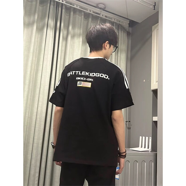 抖音得物供货240克宽松纯棉美式潮牌印花三杠半织带短袖T恤AT1604,男装T恤,电商A443