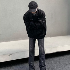 高街潮牌泼墨牛仔裤男美式复古宽松直筒拖地长裤NK2030-P45，男装牛仔裤，星座1001-1