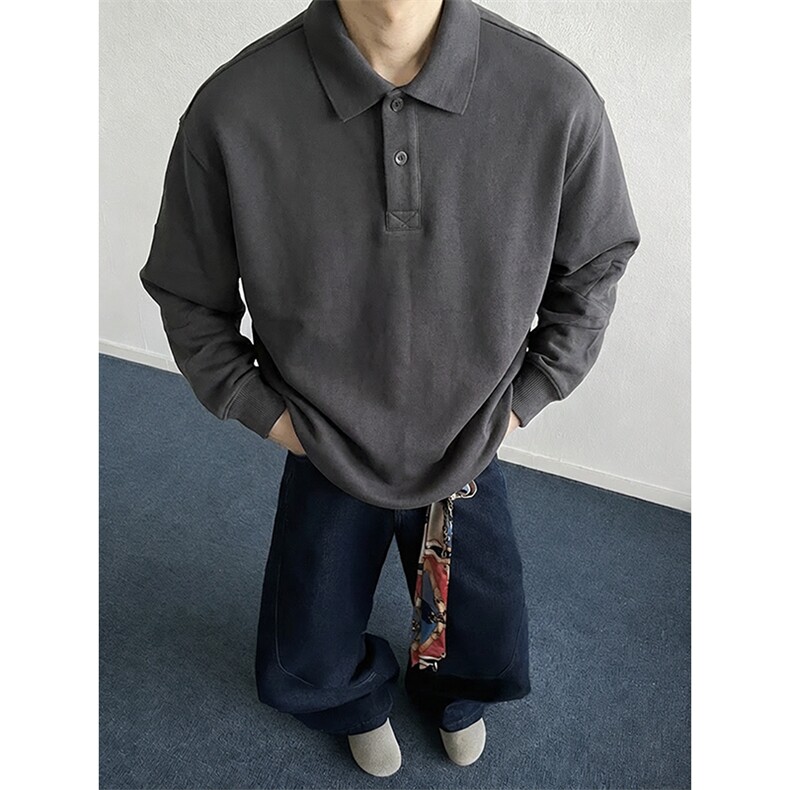抖音得物高品质二开230克精梳珠地光版纯色宽松长袖T恤翻领POLO衫,男装T恤,电商A486