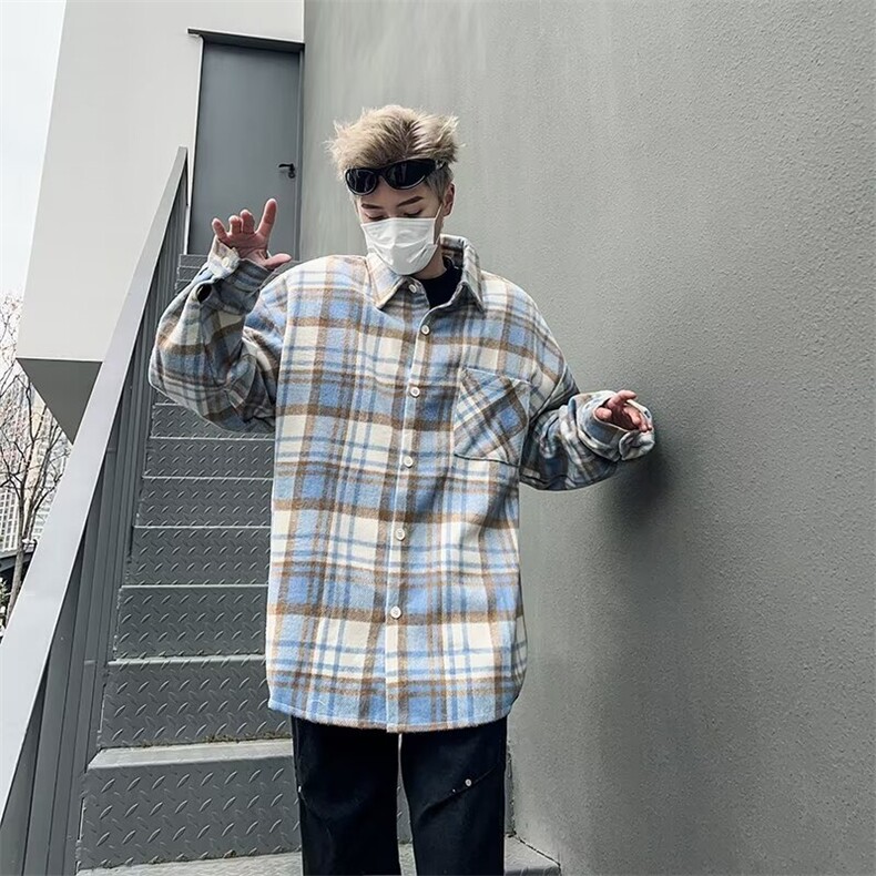 男士衬衫潮流港风宽松痞帅外套春季休闲长袖格子衬衣服C2666-p40,男装衬衫,星座1008-2