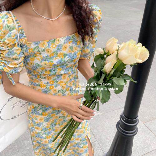 碎花开叉连衣裙，女装连衣裙，MJJ