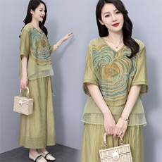 现货天丝麻冰丝大码女夏季2025新款垂感阔腿裤高级感宽松气质套装，女装套装/套裙，木橙西子