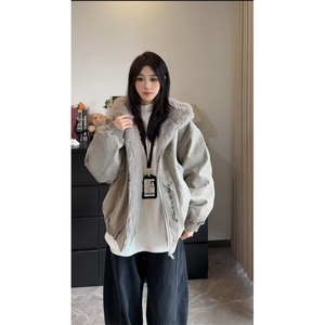 美式长毛座山雕pu皮外套连帽梵古文刺绣棉服男冬季夹棉图片