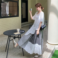 现货主图爆品蕾丝罩衫上衣+拼接半身裙套装2C375-506-P165-K248，女装套装/套裙，2C375