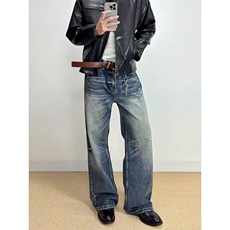 26新款复古水洗做旧cleanfit牛仔裤男宽松直筒潮牌痞帅微喇裤子，男装牛仔裤，星座218-8