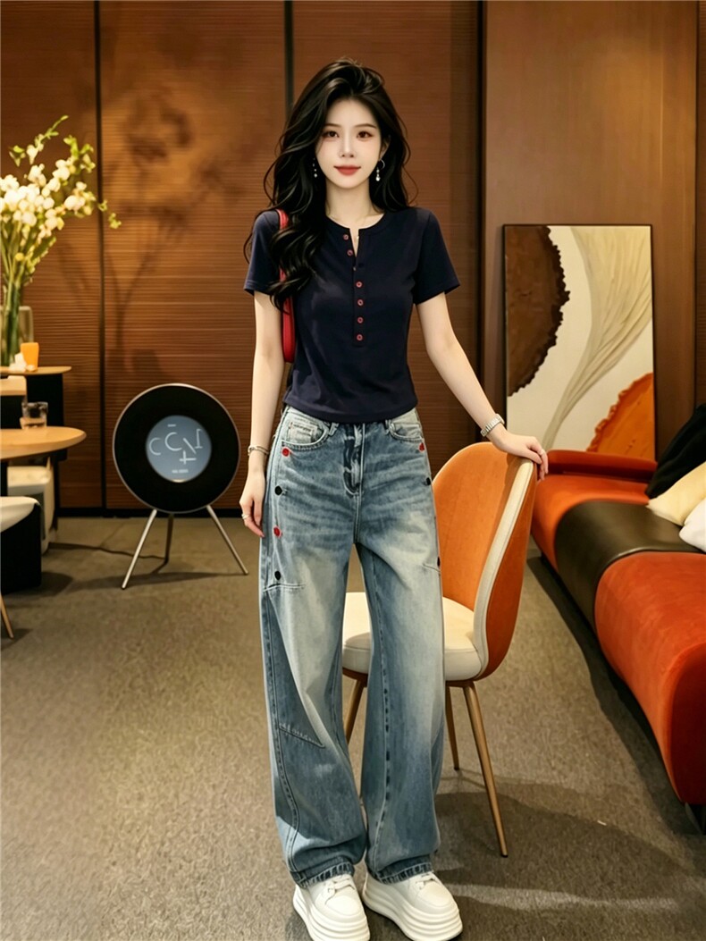 韩系高级感时尚减龄穿搭女夏新款纯色纽扣半开领上衣牛仔裤两件套,女装套装/套裙,江南