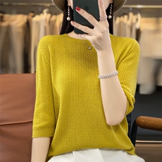2024夏季新款曲珠冰丝华夫格撞色短袖宽松百搭半袖女背心针织T恤，女装针织衫/毛衣，大美人高端店