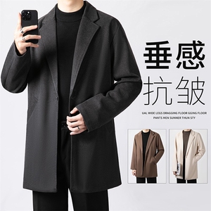 毛呢大衣男款秋冬季休闲时尚西装单衣纯色加绒中长款呢子外套MW12图片