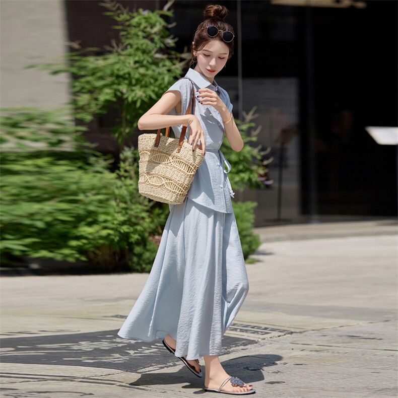 优雅新中潮夏日裙两件套女2025夏季新款设计感衬衫半身裙套装显瘦,女装套装/套裙,意芙