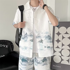 F331-P55 2024夏季新中式风衬衫套装短袖短裤一套搭配男 现货图片