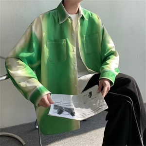 竹子绿渐变印花长袖防晒休闲衬衫小众高级感宽松渐变色衬衫男C645图片