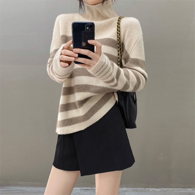加厚高领条纹新款秋冬季针织35%羊绒衫女,女装羊绒衫,织绒羊