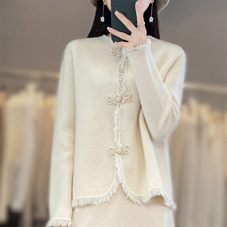 2025新款复古100%纯羊毛开衫女国风盘扣流苏针织羊绒外套宽松毛衣,女装羊毛衫,江南羊绒