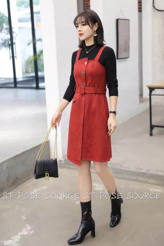 两件套装连衣裙：咖啡色，红色，雾霾蓝，三个颜色，，女装职业装，圣姿源