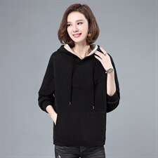 长期现货，冬季新款时尚休闲简约纯色螺纹直筒长袖加绒连帽卫衣，女装卫衣/绒衫，涵誉