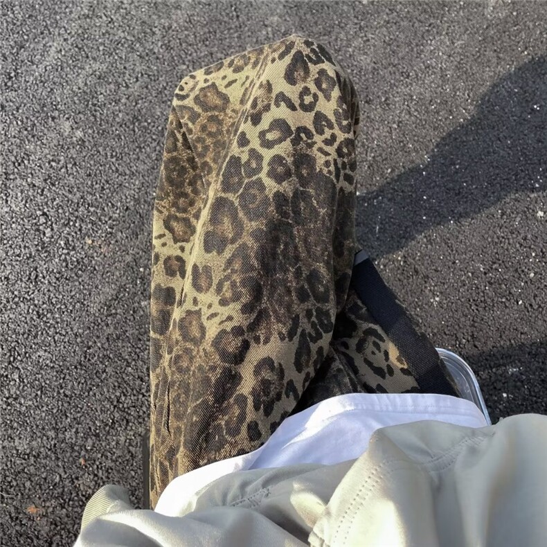 豹纹男女秋冬季新款小众设计感高街痞帅裤子宽松直筒休闲长裤,男装休闲裤,星座601-2