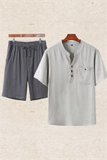 主推款高端夏男士唐装中年棉短袖麻套装中老年高品质亚麻短袖T恤，男装中老年男装，钱塘723