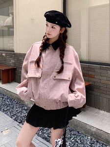 美式慵懒chic复古短款上衣粉色扎染翻领工装夹克外套女秋图片