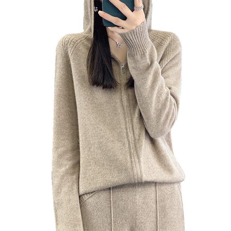 时尚慵懒风秋冬保暖百搭拉链连帽羊毛开衫女,女装羊毛衫,瑞上羊绒